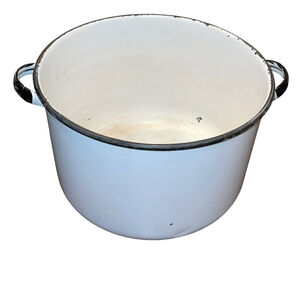 VTG Rustic Enamelware White Black Large Chamber Pot w Handles Decoration Only